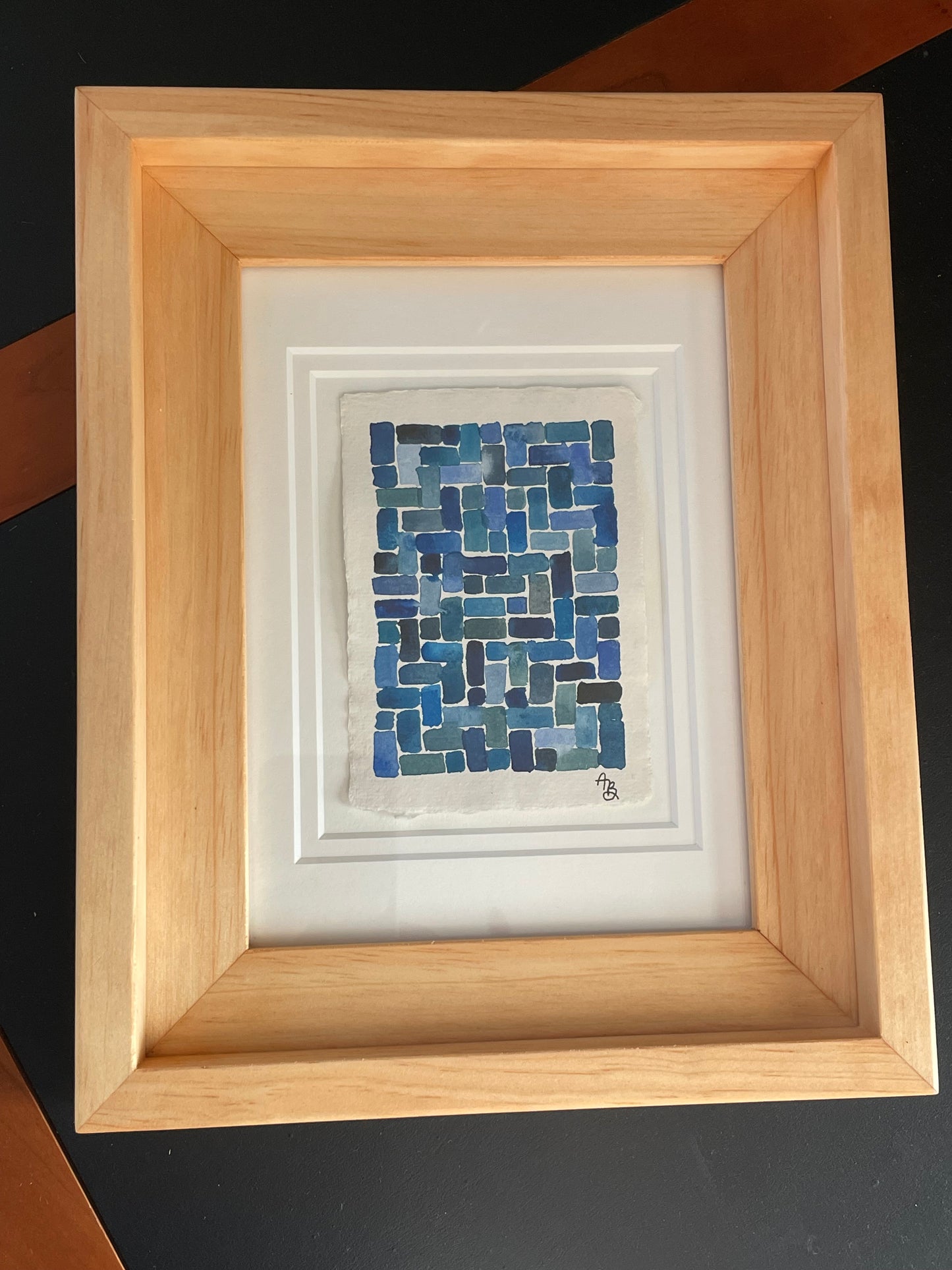 “Mini Cerulean Herringbone” framed original painting