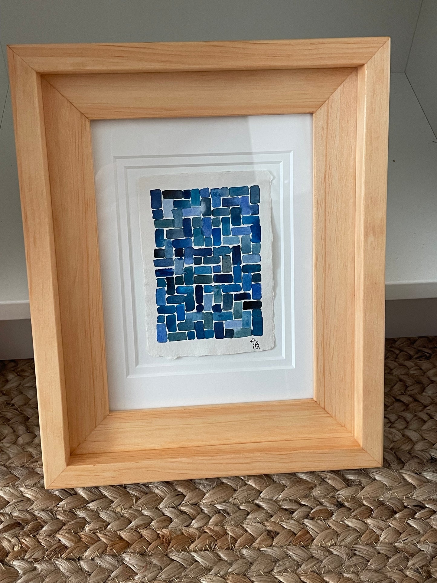 “Mini Cerulean Herringbone” framed original painting
