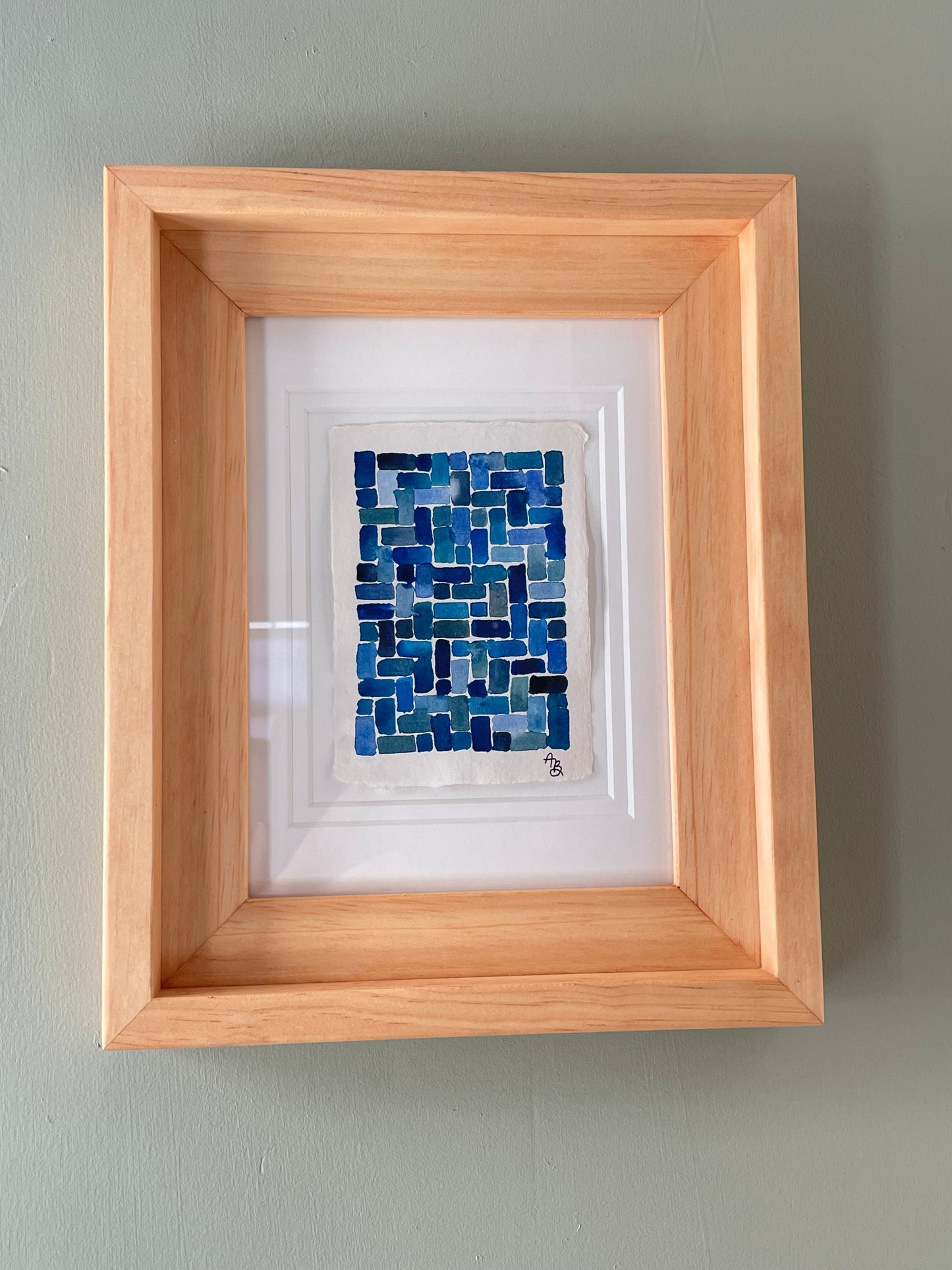 “Mini Cerulean Herringbone” framed original painting