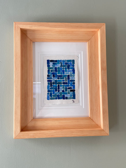 “Mini Cerulean Herringbone” framed original painting