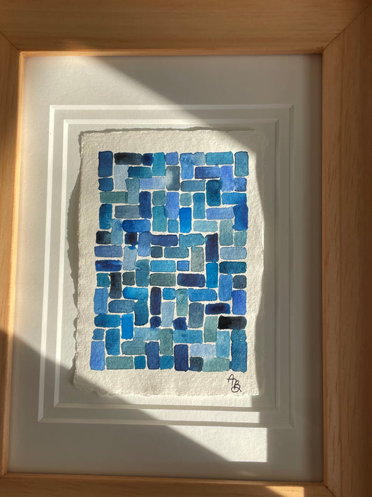 “Mini Cerulean Herringbone” framed original painting